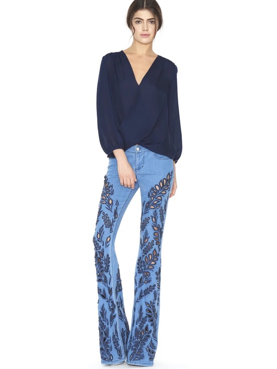Alice + Olivia Denim - Alice + Olivia Light Blue Flare Jeans with Black Embroidery Limited Edition